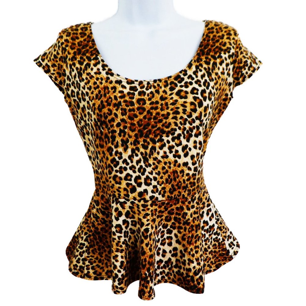 Vintage Krush 90s Y2K Leopard Summer Top Peplum Twist Cut Out Back Spandex Disco